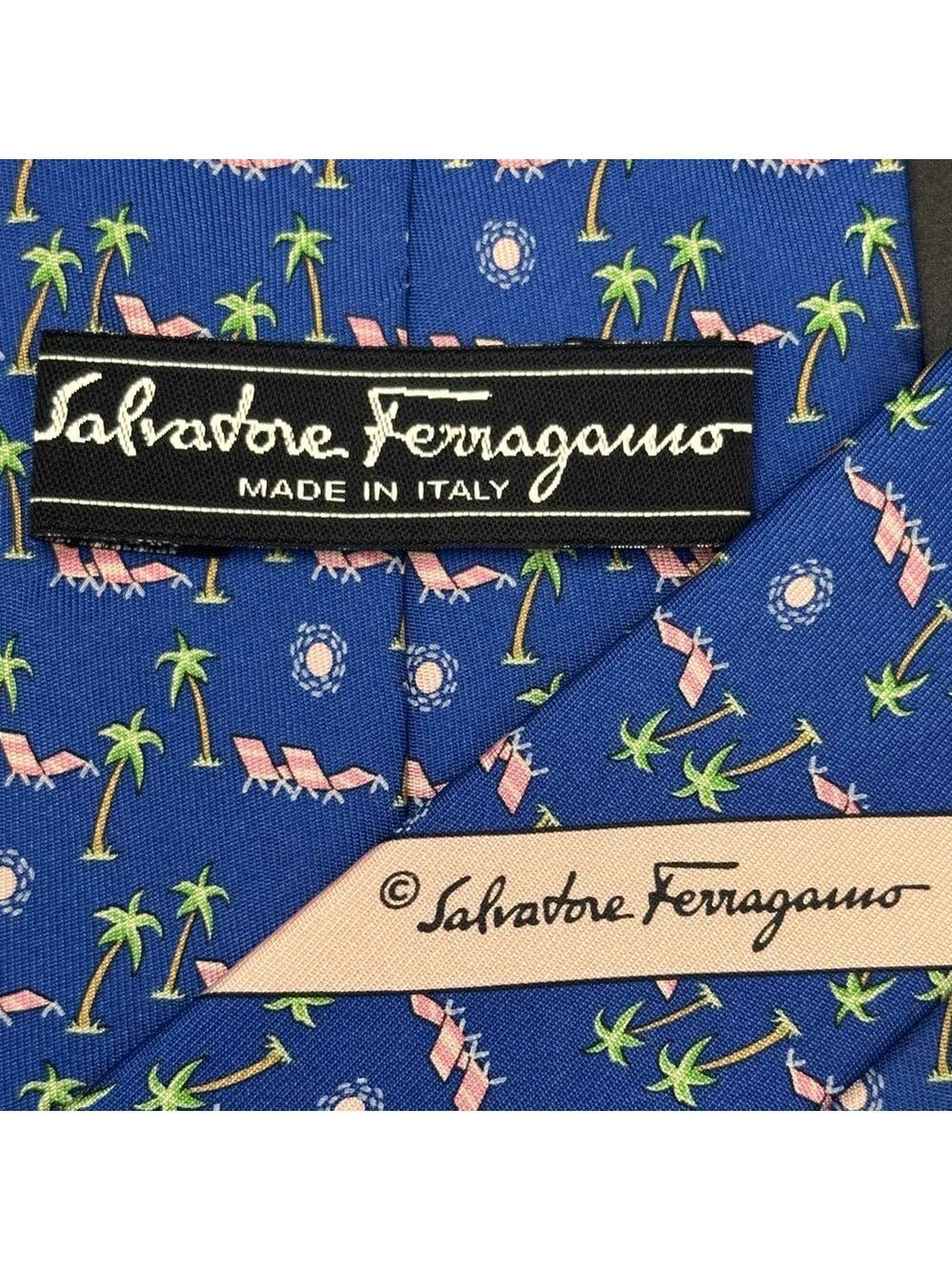 Ferragamo Silk Tie Blue Pink & Green with Palm Trees Lounge Chairs & the Sun - Picture 2 of 16